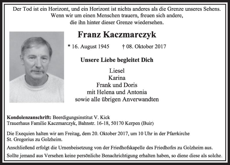  Traueranzeige für Franz Kaczmarczyk vom 14.10.2017 aus  Sonntags-Post 