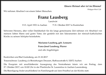 Anzeige von Franz Lausberg von Kölner Stadt-Anzeiger / Kölnische Rundschau / Express