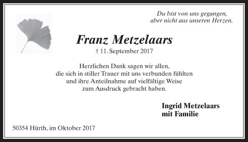  Traueranzeige für Franz Metzelaars vom 25.10.2017 aus  Wochenende 