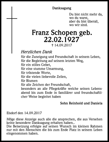 Anzeige von Franz Schopen von Kölner Stadt-Anzeiger / Kölnische Rundschau / Express