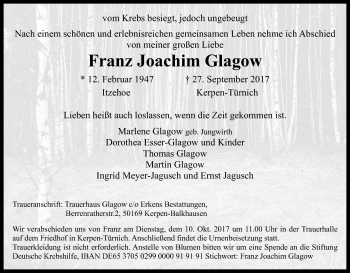 Anzeige von Franz Joachim Glagow von Kölner Stadt-Anzeiger / Kölnische Rundschau / Express