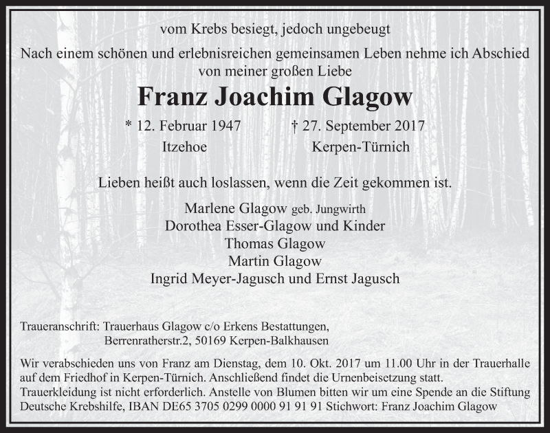  Traueranzeige für Franz Joachim Glagow vom 07.10.2017 aus  Sonntags-Post 