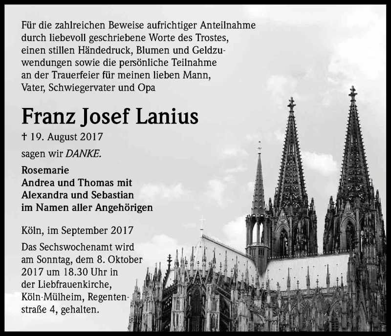  Traueranzeige für Franz Josef Lanius vom 03.10.2017 aus Kölner Stadt-Anzeiger / Kölnische Rundschau / Express