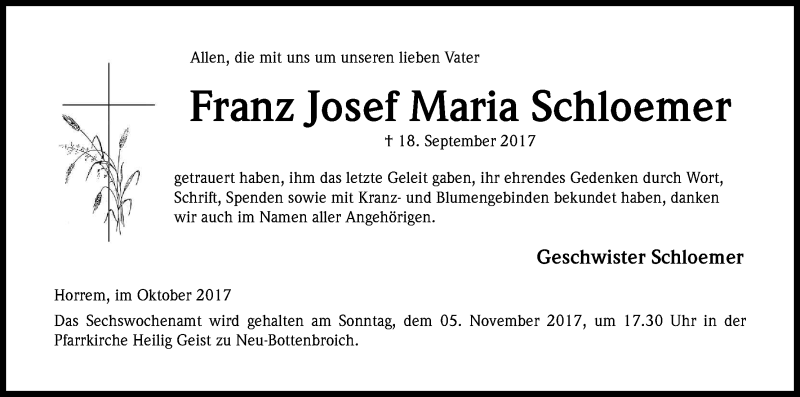  Traueranzeige für Franz Josef Maria Schloemer vom 21.10.2017 aus Kölner Stadt-Anzeiger / Kölnische Rundschau / Express