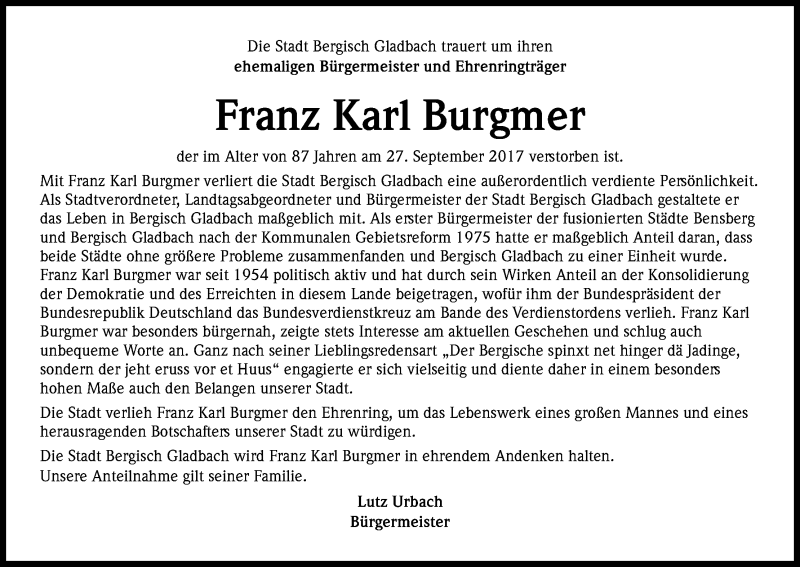  Traueranzeige für Franz Karl Burgmer vom 05.10.2017 aus Kölner Stadt-Anzeiger / Kölnische Rundschau / Express