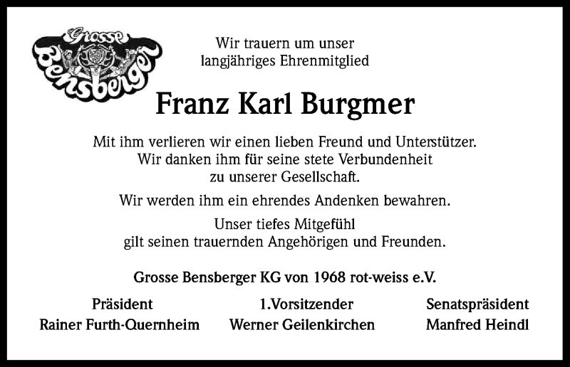 Traueranzeige für Franz Karl Burgmer vom 03.10.2017 aus Kölner Stadt-Anzeiger / Kölnische Rundschau / Express