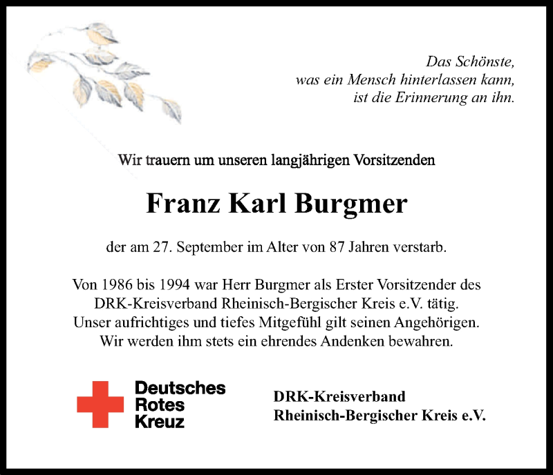  Traueranzeige für Franz Karl Burgmer vom 07.10.2017 aus Kölner Stadt-Anzeiger / Kölnische Rundschau / Express