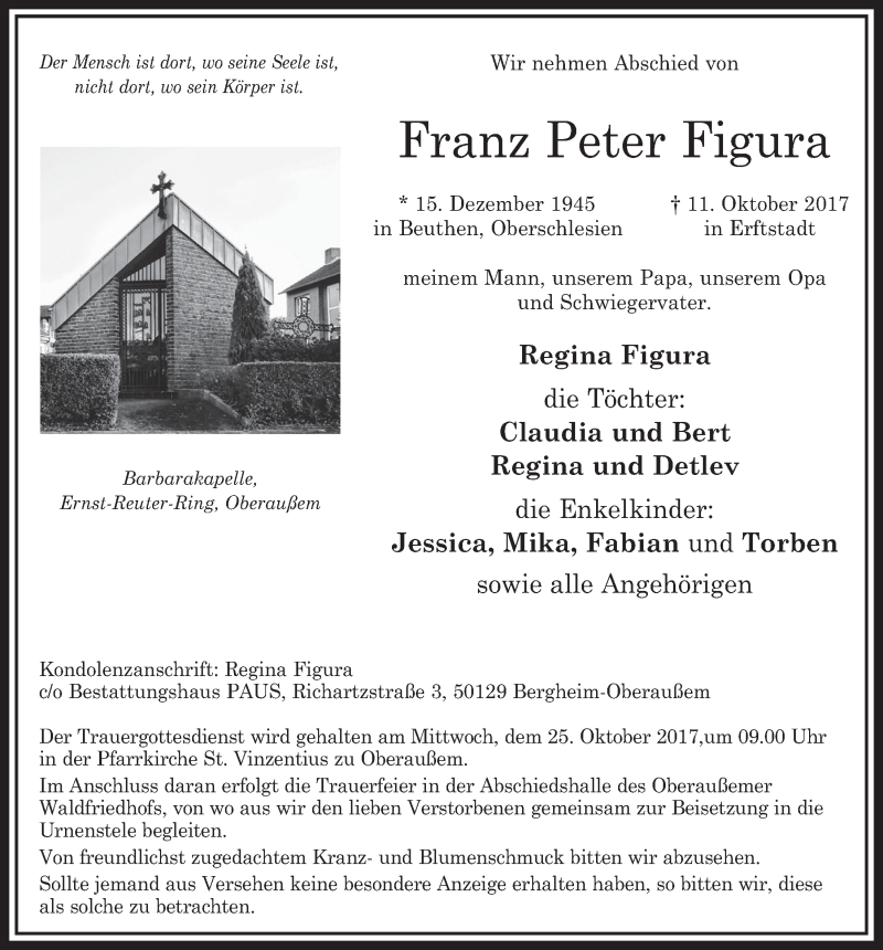  Traueranzeige für Franz Peter Figura vom 21.10.2017 aus  Sonntags-Post 