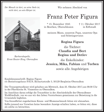 Anzeige von Franz Peter Figura von  Sonntags-Post 