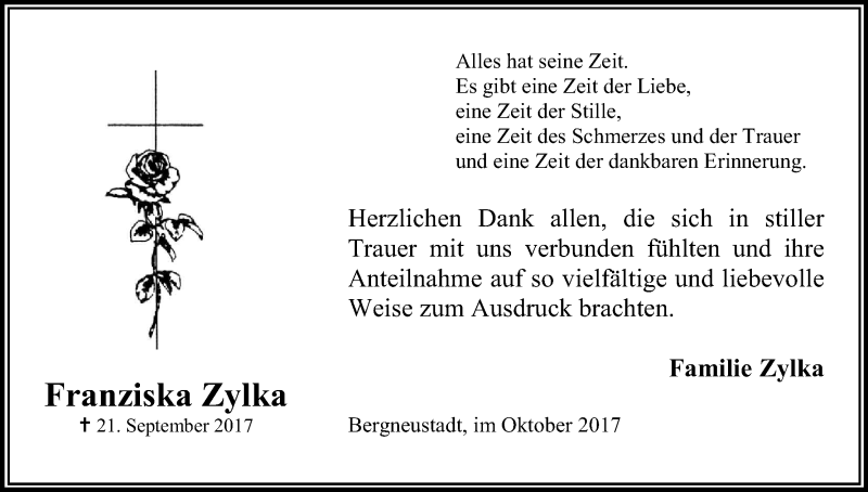 Traueranzeige für Franziska Zylka vom 14.10.2017 aus Kölner Stadt-Anzeiger / Kölnische Rundschau / Express