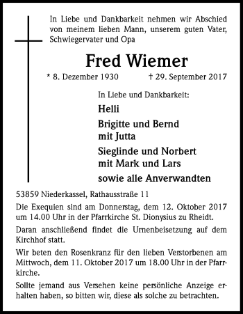 Anzeige von Fred Wiemer von Kölner Stadt-Anzeiger / Kölnische Rundschau / Express