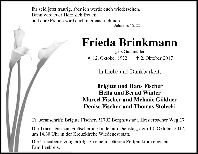  Traueranzeige für Frieda Brinkmann vom 07.10.2017 aus Kölner Stadt-Anzeiger / Kölnische Rundschau / Express