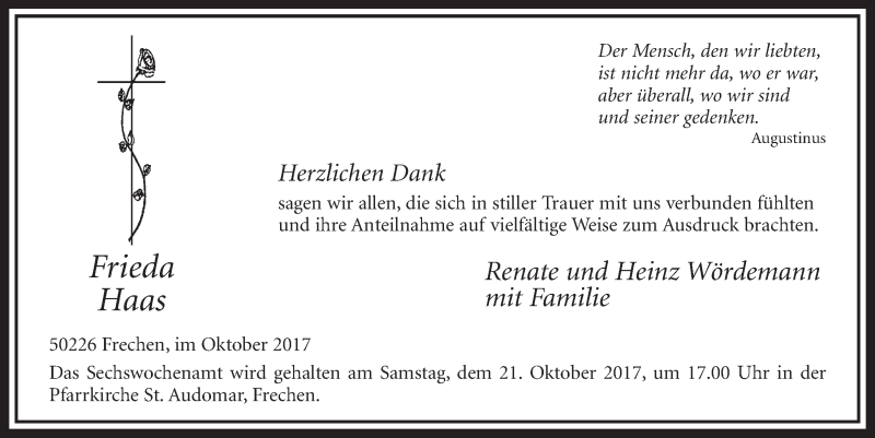  Traueranzeige für Frieda Haas vom 14.10.2017 aus  Sonntags-Post 