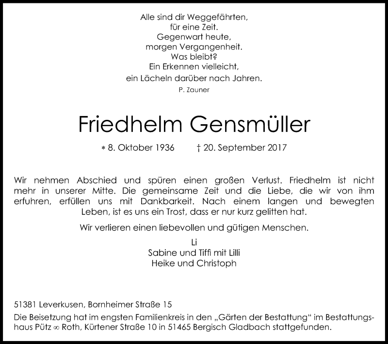  Traueranzeige für Friedhelm Gensmüller vom 14.10.2017 aus Kölner Stadt-Anzeiger / Kölnische Rundschau / Express