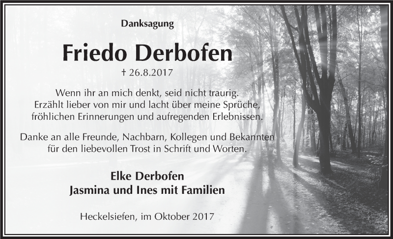  Traueranzeige für Friedo Derbofen vom 18.10.2017 aus  Anzeigen Echo 