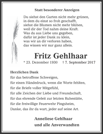 Anzeige von Fritz Gehlhaar von  Werbepost 