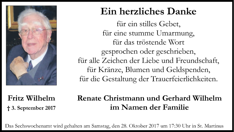  Traueranzeige für Fritz Wilhelm vom 21.10.2017 aus Kölner Stadt-Anzeiger / Kölnische Rundschau / Express