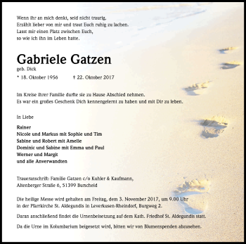 Anzeige von Gabriele Gatzen von Kölner Stadt-Anzeiger / Kölnische Rundschau / Express