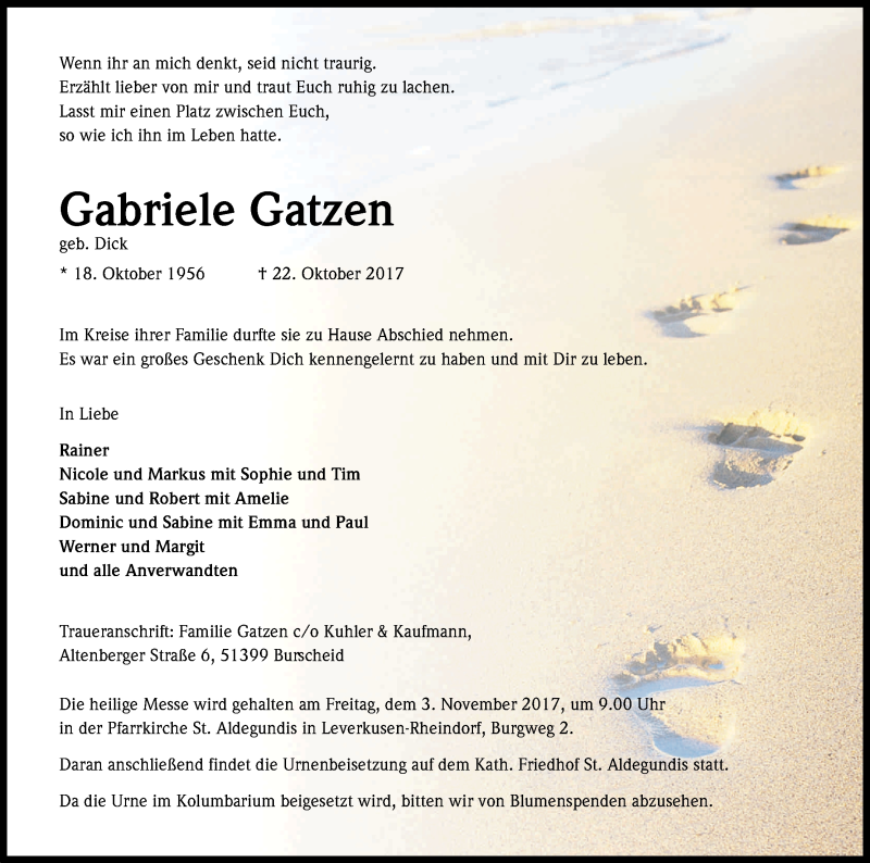  Traueranzeige für Gabriele Gatzen vom 28.10.2017 aus Kölner Stadt-Anzeiger / Kölnische Rundschau / Express