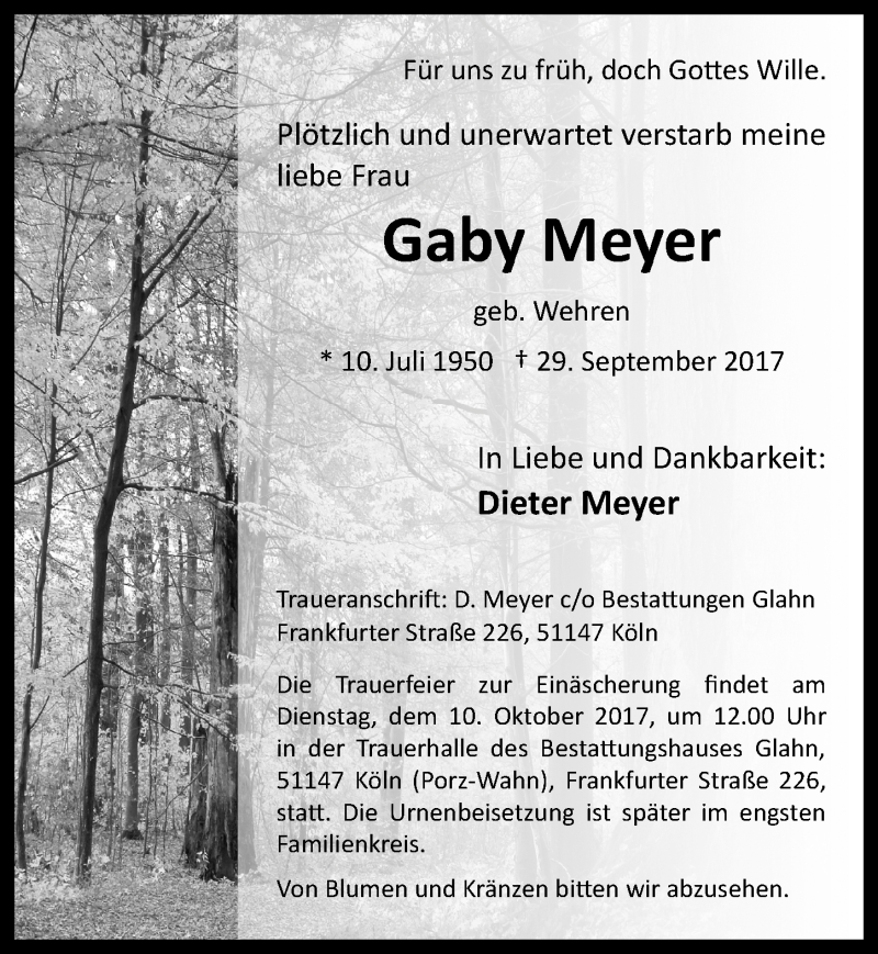  Traueranzeige für Gaby Meyer vom 07.10.2017 aus 