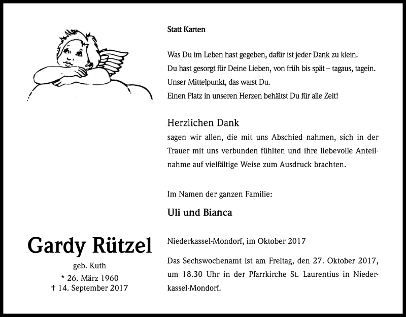  Traueranzeige für Gardy Rützel vom 21.10.2017 aus Kölner Stadt-Anzeiger / Kölnische Rundschau / Express