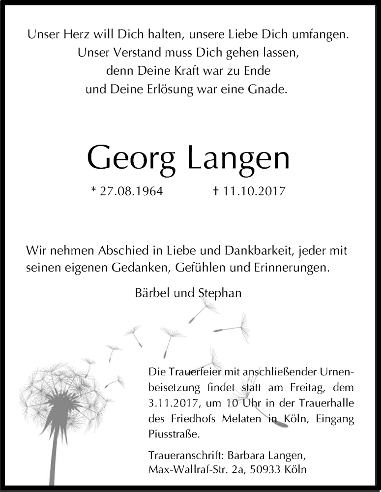  Traueranzeige für Georg Langen vom 28.10.2017 aus Kölner Stadt-Anzeiger / Kölnische Rundschau / Express