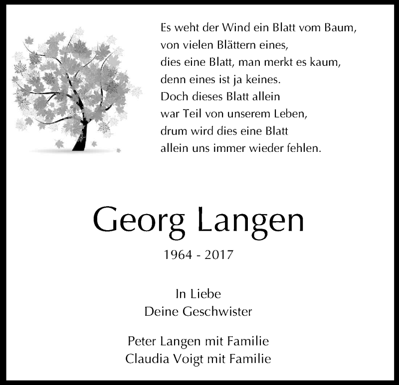  Traueranzeige für Georg Langen vom 28.10.2017 aus Kölner Stadt-Anzeiger / Kölnische Rundschau / Express