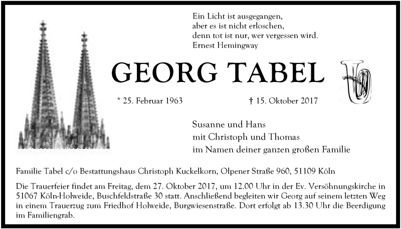  Traueranzeige für Georg Tabel vom 21.10.2017 aus  Mülheimer  Wochenende 