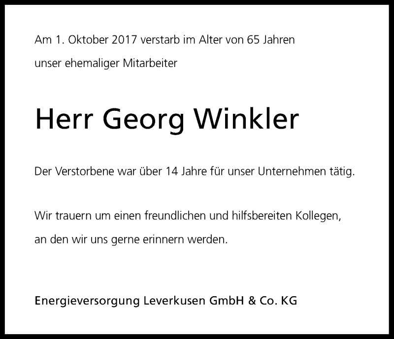  Traueranzeige für Georg Winkler vom 21.10.2017 aus Kölner Stadt-Anzeiger / Kölnische Rundschau / Express