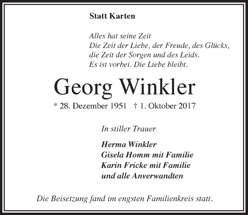  Traueranzeige für Georg Winkler vom 18.10.2017 aus  Lokale Informationen 