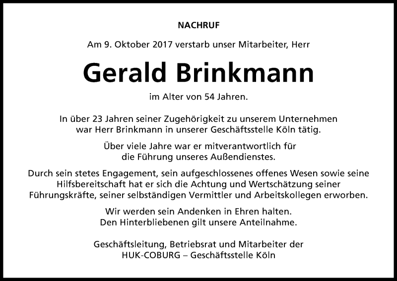  Traueranzeige für Gerald Brinkmann vom 28.10.2017 aus Kölner Stadt-Anzeiger / Kölnische Rundschau / Express