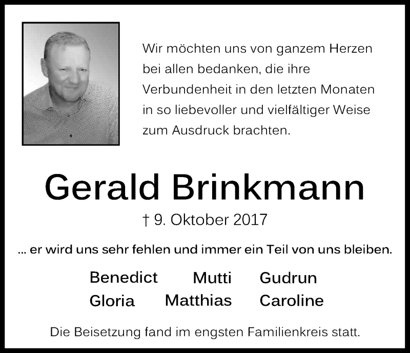  Traueranzeige für Gerald Brinkmann vom 28.10.2017 aus Kölner Stadt-Anzeiger / Kölnische Rundschau / Express