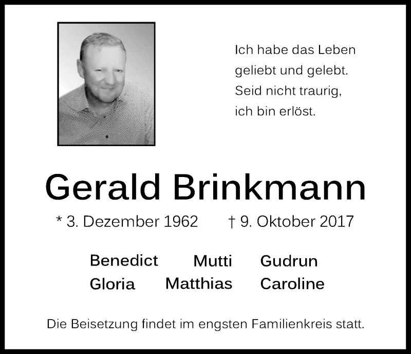  Traueranzeige für Gerald Brinkmann vom 21.10.2017 aus Kölner Stadt-Anzeiger / Kölnische Rundschau / Express