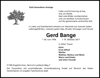 Anzeige von Gerd Bange von Kölner Stadt-Anzeiger / Kölnische Rundschau / Express