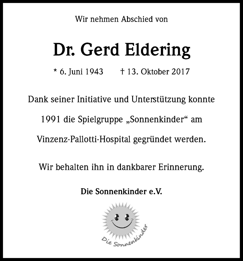  Traueranzeige für Gerd Eldering vom 28.10.2017 aus Kölner Stadt-Anzeiger / Kölnische Rundschau / Express