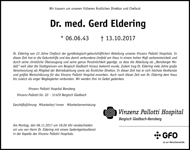  Traueranzeige für Gerd Eldering vom 19.10.2017 aus Kölner Stadt-Anzeiger / Kölnische Rundschau / Express