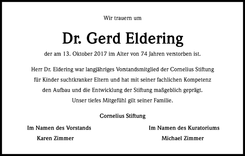  Traueranzeige für Gerd Eldering vom 21.10.2017 aus Kölner Stadt-Anzeiger / Kölnische Rundschau / Express