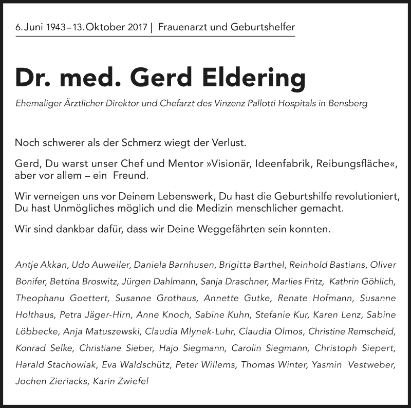  Traueranzeige für Gerd Eldering vom 21.10.2017 aus Kölner Stadt-Anzeiger / Kölnische Rundschau / Express