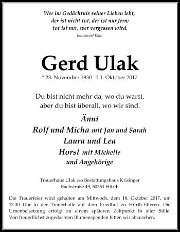 Anzeige von Gerd Ulak von Kölner Stadt-Anzeiger / Kölnische Rundschau / Express