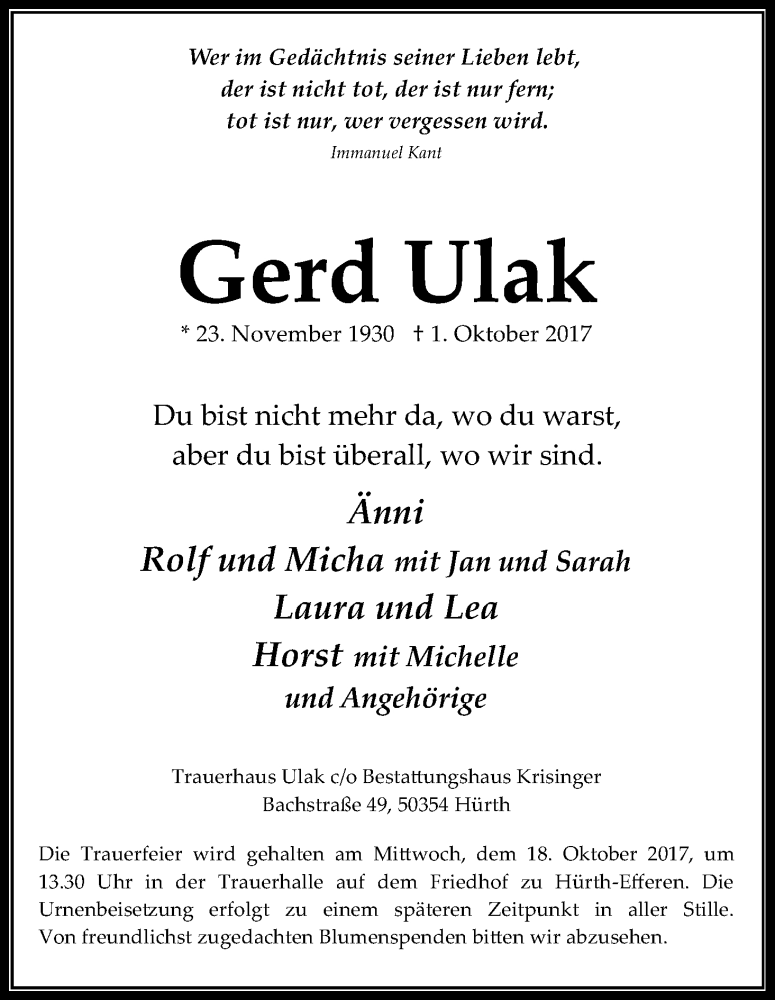  Traueranzeige für Gerd Ulak vom 14.10.2017 aus Kölner Stadt-Anzeiger / Kölnische Rundschau / Express