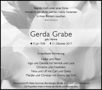 Anzeige von Gerda Grabe von Kölner Stadt-Anzeiger / Kölnische Rundschau / Express