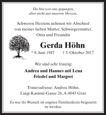 Anzeige von Gerda Höhn von  Wochenende 