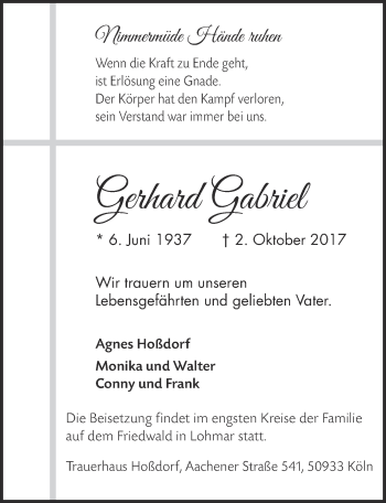 Anzeige von Gerhard Gabriel von  Kölner Wochenspiegel 