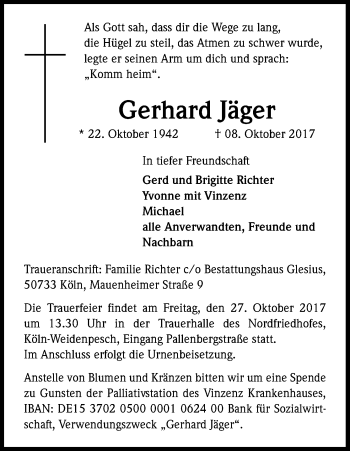 Anzeige von Gerhard Jäger von Kölner Stadt-Anzeiger / Kölnische Rundschau / Express