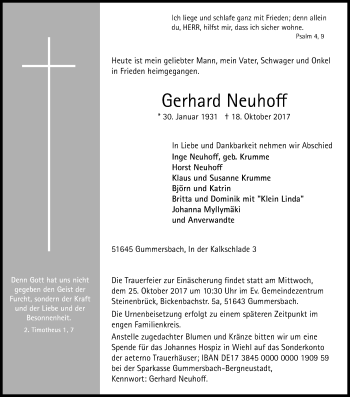 Anzeige von Gerhard Neuhoff von Kölner Stadt-Anzeiger / Kölnische Rundschau / Express