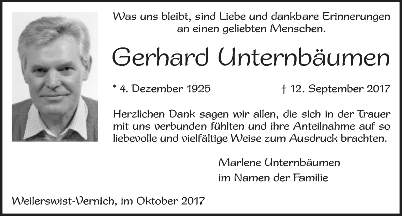  Traueranzeige für Gerhard Unternbäumen vom 07.10.2017 aus  Blickpunkt Euskirchen 
