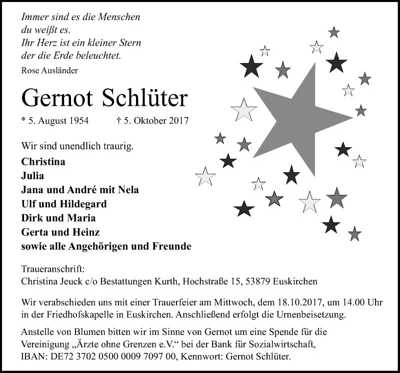  Traueranzeige für Gernot Schlüter vom 14.10.2017 aus  Blickpunkt Euskirchen 