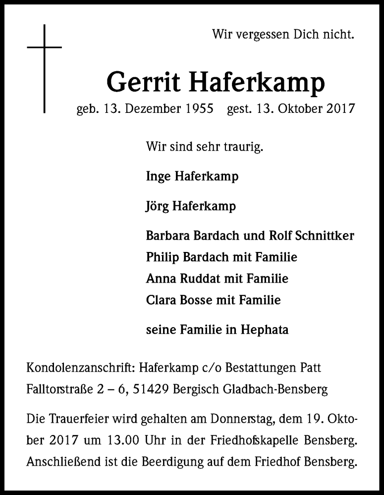  Traueranzeige für Gerrit Haferkamp vom 17.10.2017 aus Kölner Stadt-Anzeiger / Kölnische Rundschau / Express