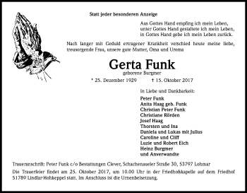 Anzeige von Gerta Funk von Kölner Stadt-Anzeiger / Kölnische Rundschau / Express