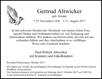 Anzeige von Gertrud Altwicker von Kölner Stadt-Anzeiger / Kölnische Rundschau / Express